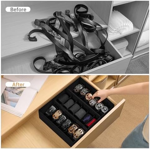 3 Pack Fabric Belt Organizer with 6 Grids per Organizer, Foldable Drawer Organizers for Closet and Drawer, Belt and Tie Holder - Black - Image 2