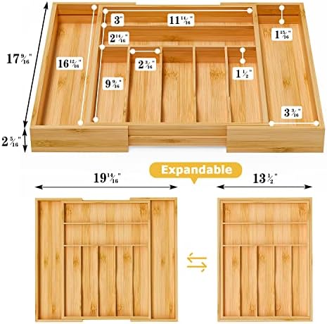 Utensil Organizer Silverware Tray For Drawer - Expandable Silverware Organizer Bamboo Flatware Organizer for Kitchen Utensils and Cutlery, Living Room Storage Box W13.5"-19.9" x L17.6" (Yellow) - Image 4