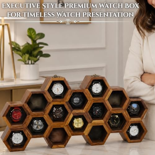 Extra Large 16 Slot Superior Rosewood Honeycomb Wall Mounted Watch Box Display Case Holder for Men, Vintage Hanging Watch Storage Organizer to Keep Watches Safe and Sophisticated. - Image 3
