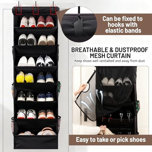 7 Tier Over the Door Shoe Organizer, Hanging Shoe Rack for Closet with Dustproof Mesh Curtain & 6 Side Pockets, Behind the Door Narrow Shoe Holder Hanger for Sneakers, Boots (Black) - Image 4