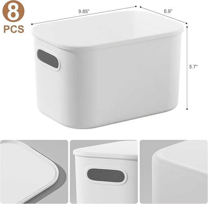 ORGIDOL 8 Pack White Storage Bins with Lids Stackable Storage Container for Organizing, Storage Boxes with Handle for Shelves, Cute Storage Bin for Craft, Snacks, 9.85x6.9x5.7 inch
