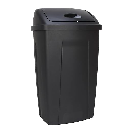 13 Gallon Swing Top Trash Can - Black Plastic Kitchen Garbage Bin with Lid