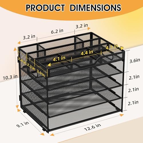 5 Tier Paper Letter Tray Desk Organizer with Pen Holders - Black - Image 2