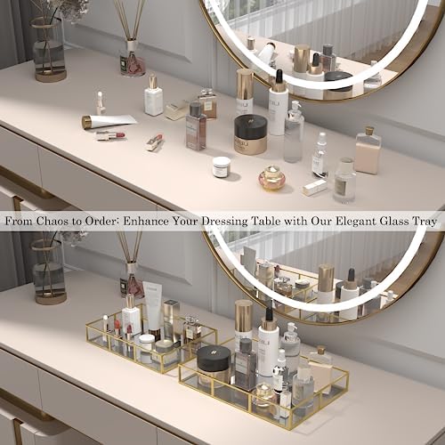 Perfume Tray Vanity Tray with Metal Frame, Gold Tray for Bathroom, Jewelry or Home Decoration 2 Pcs (L+S) - Image 3