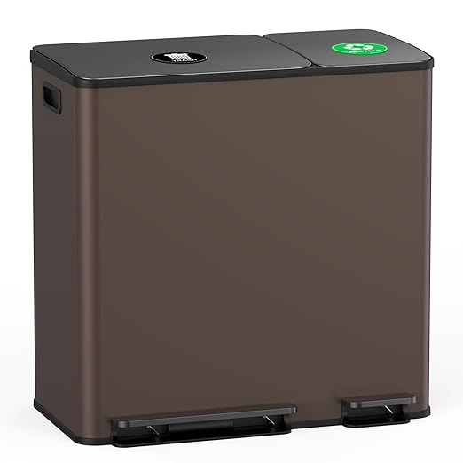 Lovewind Dual Trash and Recycling Bins for Kitchen, 13+6 Gallon Stainless Steel Garbage and Recycle Bin Combo for Large Families, Dual Trash Can with Soft Close Lid & Magnetic Stickers, Brown