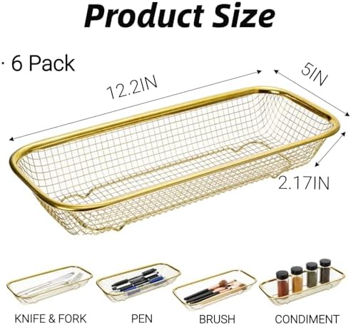 6 Pack Gold Silverware Kitchen Drawer Organizer, ​​Stainless Steel Silverware Tray for Drawer, Utensil Holder for Party, Cutlery and Flatware Basket for Knife, Fork, Spoon, 12 × 5 × 2IN - Image 2