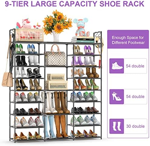 Kottwca Shoe Rack Organizer, Large Shoe Rack for Entryway Closet, Metal Shoe Shelf for Shoes and Boots, Big Non-Woven Fabric Shoe Storage Organizer with Hooks for Cloakroom, Black… - Image 4