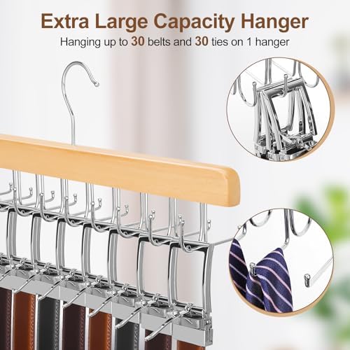 TOPIA HANGER 2 in 1 Belt Tie Hanger for Closet Max 30 Belts with 30 Ties Capacity, 20 Hooks Belt Tie Racks Wooden Hanger for Closet Organizer Storage Space Saving “U” Fit Belt and “一” Fit Tie - CT47N - Image 4