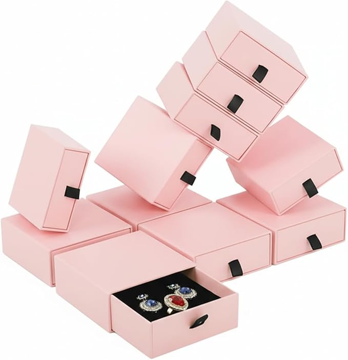 Jewelry Gift Box Velvet-Lined, 12 Pack Compact Drawer Style for Earrings & Rings, Necklace & Bracelet Organizer, Stackable Jewelry Display & Storage Box, Elegant Jewelry Storage (Pink)