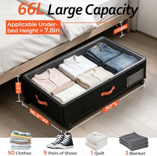 66L 2-Pack ,Under Bed Storage with Wheels , 30" L x 16" W x 7.5" H - Image 2