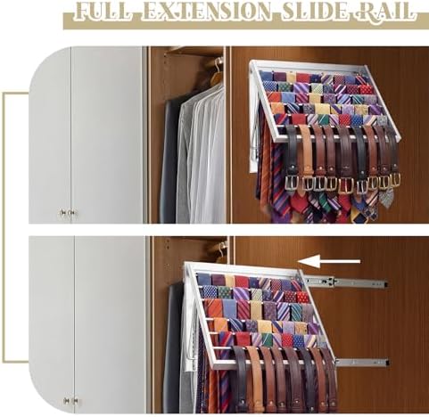 Blulu 13.8'' Sliding Tie Rack for Closet(Left Pull-Out), 60 Tie Pull Out Belt Hanger Wall Mounted Extending Metal Belt Organizer,Sliver - Image 4