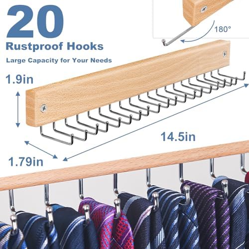 Belt and Tie Organizer for Closet, Tie and Belt Rack Wall Mounted with 20 Storage Hooks, Non Slip 180 Degree Rotating Tie Holder Belt Hanger for Closet/Wall Mount - Image 3