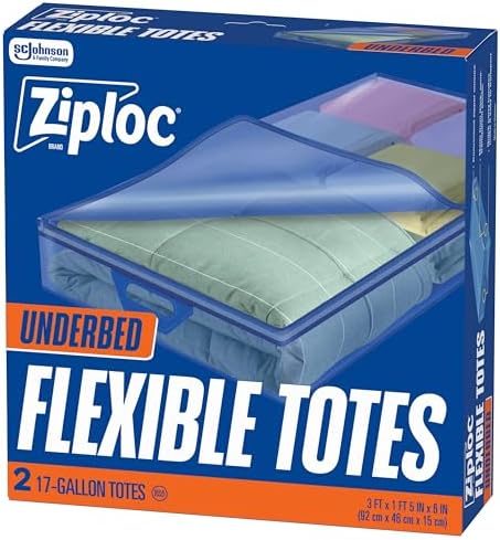 Ziploc Flexible Totes, Underbed Size, 17 Gallon, 2 Count Organizing Tote with Zipper and Built‑In Handles, Flexible & Stackable Clothing and Home Storage Bag by Ziploc
