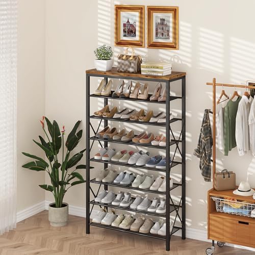 8 Tier Shoe Rack, Large Metal Shoe Organizer Holds 32 Pairs, Tall Shoe Stand for Closet Entryway Hallway, Rustic Brown - Image 2