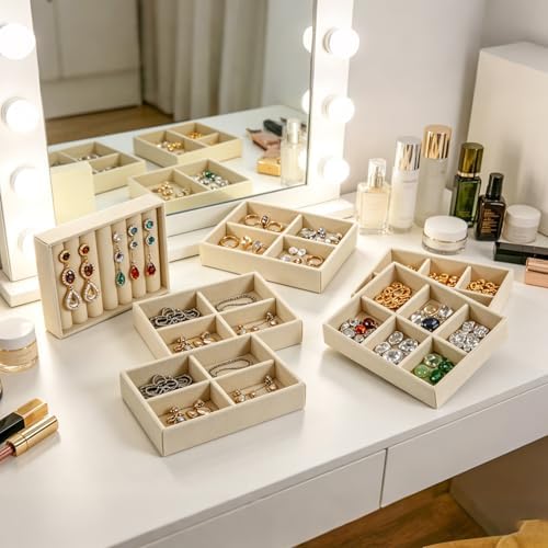 Small 8-Piece Velvet Jewelry Drawer Organizer Inserts Stackable Trays,Beige - Image 6