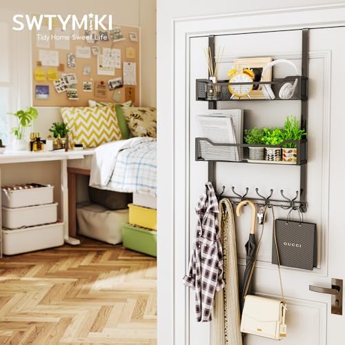 SWTYMIKI Over The Door Hooks Organizer - Multi-Functional Door Hanger with 16 Hooks & 2 Mesh Baskets, Long Coat Rack for Bathroom, Bedroom, Living Room, Home Storage Organizer, Black - Image 4