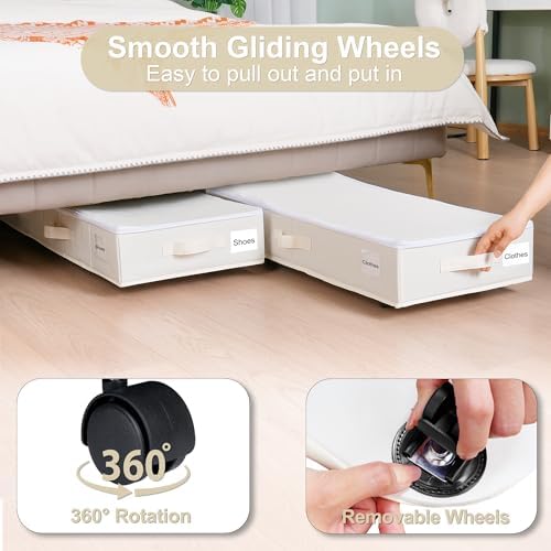 Vincona Under Bed Storage with Wheels, 2 Pack Under Bed Storage Containers with Label Holders for Clothes, Shoes and Blankets, Rolling Underbed Shoe Organizer with Cover, Beige (35.43x15.7x7.28 in) - Image 3