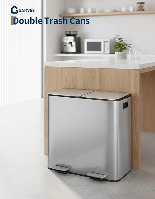 Garvee Double Trash Can, 2 x 10.6 gal (2 x 40 L) Garbage Can for Kitchen Dual Compartment Recycling Kitchen Step Trash Bin, Stainless Steel Trash and Recycle Bin Combo with Soft-Close Lid,Silver