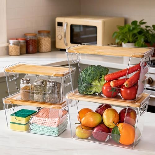 Criusia 2 Large and 2 Small Pantry Organizers and Storage with Bamboo Lids, Stackable Clear Bins for Onion, Potato, Fruit, Vegetables, Trash Bag Dispenser, Kitchen and Under Sink Organizer - Image 2