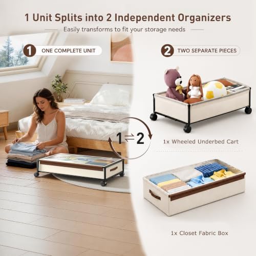 OMAIRA Under Bed Storage with Wheels, 2-Pack Splittable into 4-Pack, Easy Hook-and-Loop Assembly, Underbed Shoe Storage Organizer with Clear Lids & Rolling Drawers for Clothes, Shoes & Toys - Image 3