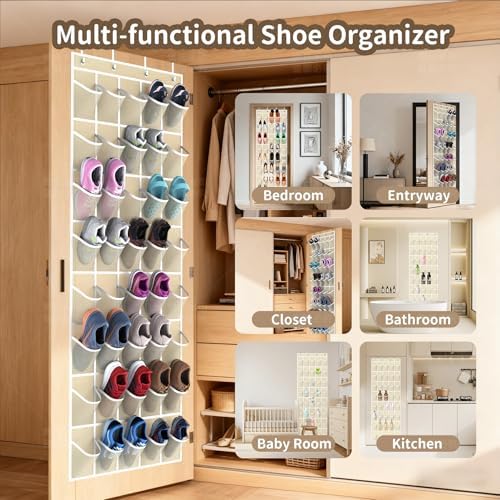 Over the Door Shoe Organizer with 40 Large Pockets, Multi-Purpose Storage for Shoe and Accessories, Durable Fabric with Adjustable Hooks for Home Closet Bedroom Entryway -Beige - Image 5