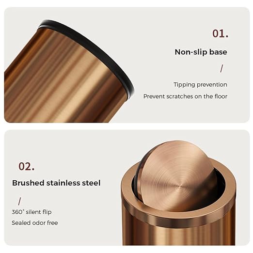 Antique Brass Bathroom Trash can with lid，Stainless Steel,Small Grabage Can with Flipping Lid, 9L/2.4Gal for Living Room,Bedroom,Guest Room,Hotel (Rose Gold)