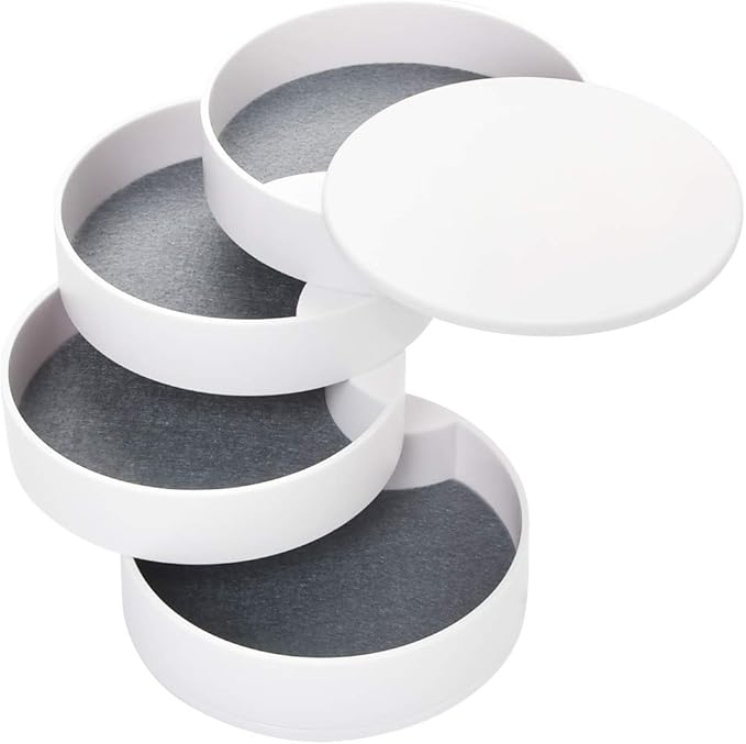 TIMESETL Jewelry Organizer, Small Jewelry Storage Box Earring Holder for Women, 4-Layer Rotating Travel Jewelry Tray Case with Lid for Bracelets Rings Bracelets - White