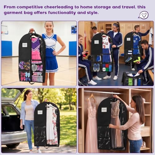 Dance Garment Bags with 3 Clear Zipper Pockets, Cheer Garment Bags for Cheerleading Uniform, 40" Garment Bags for Hanging Clothes, Suits, Travel & Sports Jersey, Cheer Uniform (Black, 1Pack 40") - Image 4