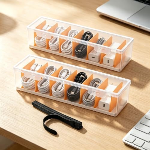 2 Pack Clear Cable Organizer Box with Lid, Plastic Charger Cable Cord Storage Organizer, Stackable Office Desk Organizers, Multifunctional Accessories Storage Box Fit in Home Drawer by KSORUSL