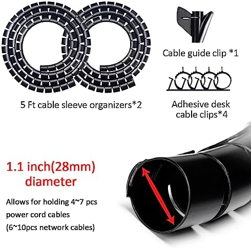 Large PC Cable Management Tube Sleeve Under Desk Wire Organizer for Cords 2 PCS Black, 1.1 inch -5 ft EZ Spiral Cable Wrap Cover Bundler w/Clips for TV Office, Pet Proof Cable Protector - Image 2