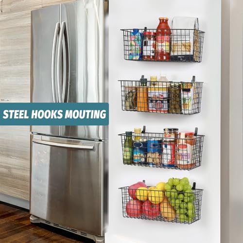 4 Set [EXTRA LARGE] Hanging Wall Mount Storage Baskets with Adhesive Hooks & Steel Hooks, Multiuse Sturdy Wire Metal Organizing Baskets for Home Kitchen Bathroom Pantry Utility Organizer, Black - Image 7