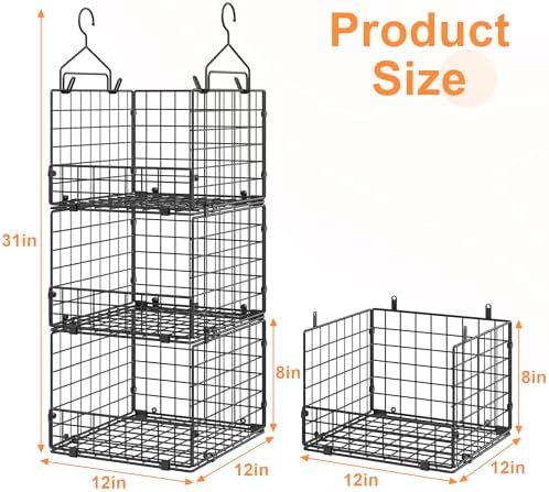 Sonyabecca 3-Tier Closet Organizers and Storage, Foldable Stackable Wire Basket Bins with 5 S Hooks, Space-Saving Hanging Closet Shelf for Clothing, Sweaters, Handbags, Hats,Purse - Image 3