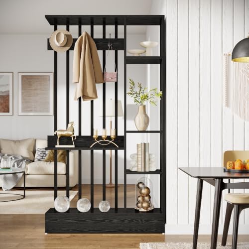 Tribesigns Wall Room Divider, Wood Freestanding Room Divider Bookcase with Shelves & Coat Hooks, 71" Modern Wall Partition for Home & Office Decorative, Black - Image 2