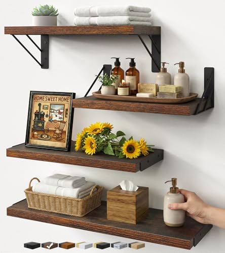 BAYKA Wall Shelves for Bedroom Decor, Floating Wall Shelves for Living Room Kitchen Storage, Mounted Rustic Wood Floating Shelves for Kids Books, Corner Shelf for Bathroom(Rustic Brown，Set of 4) by Bayka