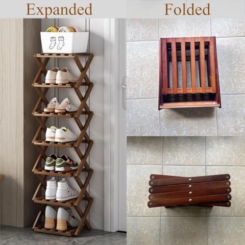 4 Tier Foldable Shoe Rack, Bamboo Vertical Shoe Organizer Tall for Multifunctional Narrow Shoe Shelf for Entryway, Closet, Corner, Bedroom, Hallway(Brown) - Image 5