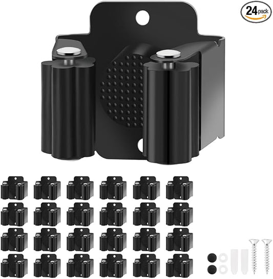 Broom Holder Wall Mount, 24PCS Broom Hanger Wall Mount, Stainless Steel Heavy Duty Mop Holder Broom Mop Hanger Wall with Screws, Garden Outdoor Tool Organizer Rack Broom Hanger (Black)