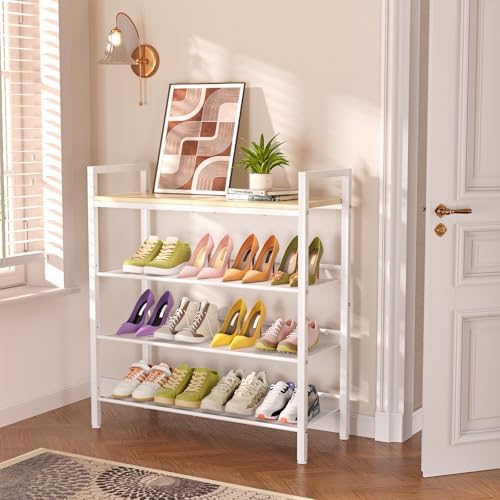 GEEBOBO 4 Tier Shoe Rack for Entryway, Holds 12 Pairs of Shoes, Metal Shoe Rack & Organizer for Front Door Entrance, Shoe Storage for Closet, Garage (White+Beige) - Image 2