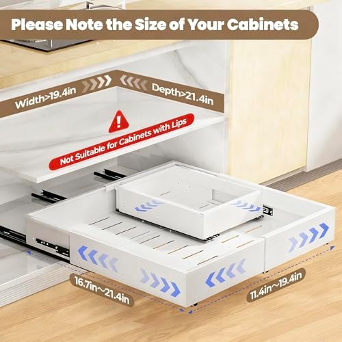 Dayacoco 2Pcs Dayacoco Pull Out Cabinet Organizer, Expandable Width (11.4"-19.4") and Depth (16.7"-21.4") With 3 Rails, Slide out Drawers for Kitchen Base Cabinet Organization, No Drill, White - Image 4