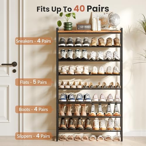 8 Tier Shoe Rack Organizer for 32-40 Pairs, Tall Metal Shoe Storage Shelf with Wood Top, Adjustable Boot Space, Narrow Design for Entryway Closet, Rustic Brown and Black - Image 4