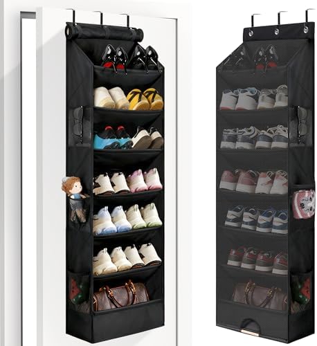 7 Tier Over the Door Shoe Organizer, Hanging Shoe Rack for Closet with Dustproof Mesh Curtain & 6 Side Pockets, Behind the Door Narrow Shoe Holder Hanger for Sneakers, Boots (Black) by Outink