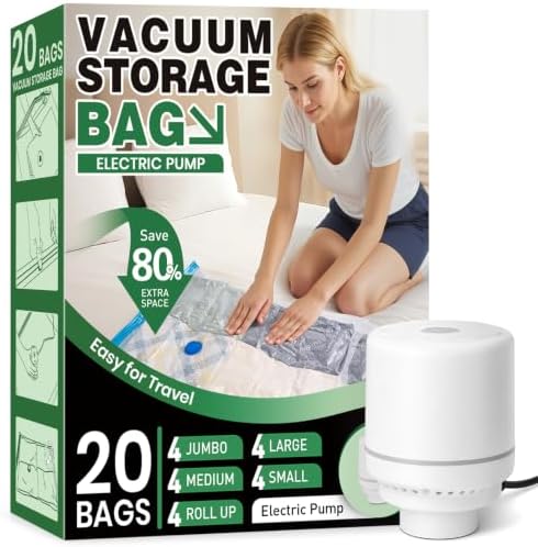 FUNFERY 20 Pack Vacuum Seal Bags for Clothing Travel,Vacuum Storage Bags with Pump,Compressing Packing Bag for Clothes,Blankets,Comforters,Home Storage,Space Saving Bag for Moving Supplies-Combo Set by FUNFERY