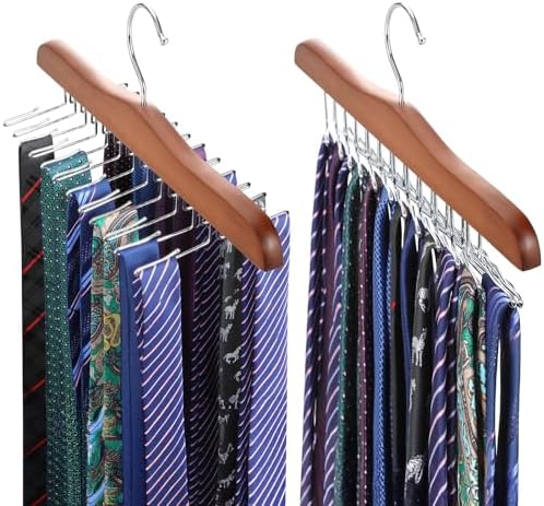 TOPIA HANGER Tie Rack Hanger for Closet 2 Packs, Wooden Tie Organizer for Men with 24 Folding Hooks, Space Saving Necktie Holder for Storage and Display Bra, Tank Top, Camisole (Walnut)-CT14WA-2 by TOPIAHANGER