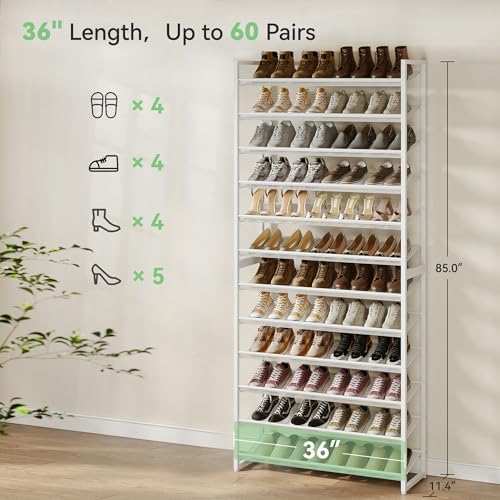 Nunsino Shoe Rack,12 Tier Metal Shoe Organizer,Max Holds 60 Pairs,Heavy Duty Shoes Shelf for Garage, Entryway, Closet,White - Image 3
