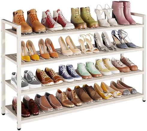 4-Tier Shoe Rack, Large Capacity Metal Free Standing Shoes Rack, Sturdy and Durable Shoe Organizer, Shoe Shelf for Closet, Entryway, Bedroom, for 24-28 Pairs, 42.1" W x 9.8" D x 27.6" H, White by CCDVVD