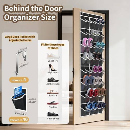 Over the Door Shoe Organizer with 40 Large Pockets, Multi-Purpose Storage for Shoe and Accessories, Durable Fabric with Adjustable Hooks for Home Closet Bedroom Entryway-Black - Image 2