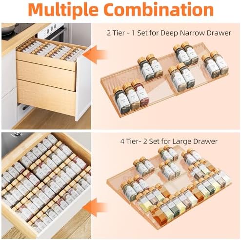 PanPanPal Spice Drawer Organizer, 4 Tier- 4 Pack Amber Acrylic Drawer Seasoning Organizer, Expandable From 11'' to 22'' Kitchen Spice Rack Organizers and Storage for Drawer (Jars not included) - Image 7
