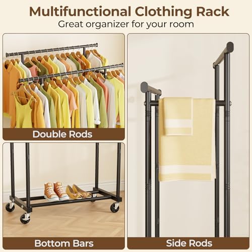 HYSEYY Double Rods Clothes Rack, Rolling Clothing Rack for Hanging Clothes Portable Wardrobe Rack, Metal Garment Rack Sturdy Coat Rack for Bedroom Laundry Living Room, Black - Image 3