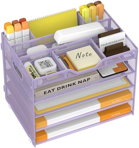 5 Tier Paper Letter Tray Desk Organizer with Pen Holders - Purple by OrgMate