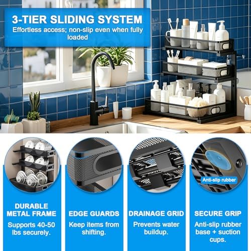Under Sink Organizer,3-Tier Thickened Metal Pull out Cabinet OrganizerShelf - Image 7