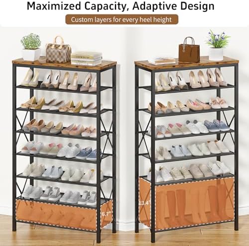 8 Tier Shoe Rack, Large Metal Shoe Organizer Holds 32 Pairs, Tall Shoe Stand for Closet Entryway Hallway, Rustic Brown - Image 5